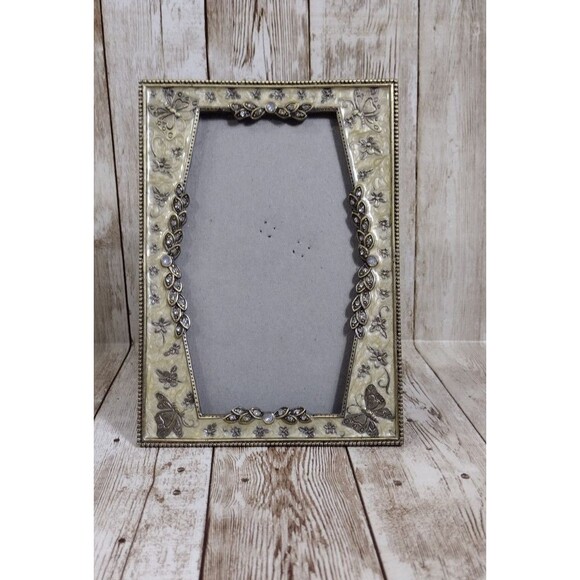 Picture Frame Butterfly Rhinestones Enamel Silver Tone 4x6 Photo Excellent - Picture 1 of 9